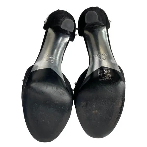 GUCCI Black Suede Silver Mirror Metal Embossed Ankle Strap Heeled Sandals, Size39