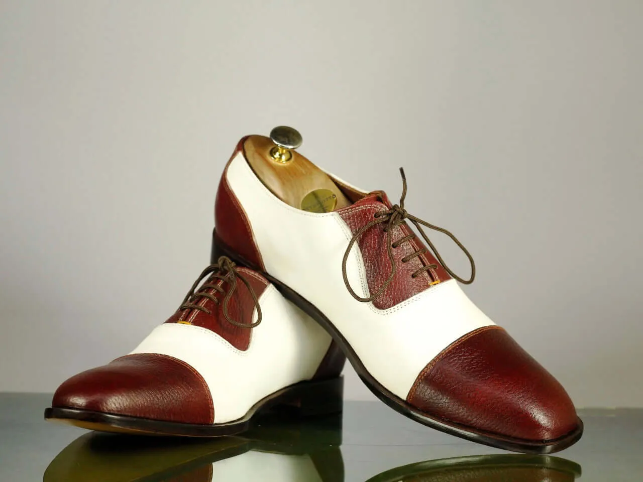 New Men's Handmade White Burgundy Cap Toe Lace Up Formal Shoes, Men Designer Shoes